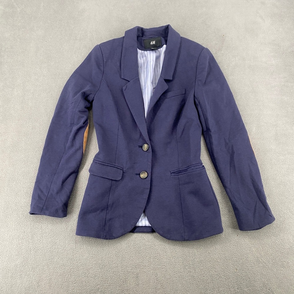 HM Womens Navy Blue Blazer Elbow Patches Pinstripe Lining Size 4 7677